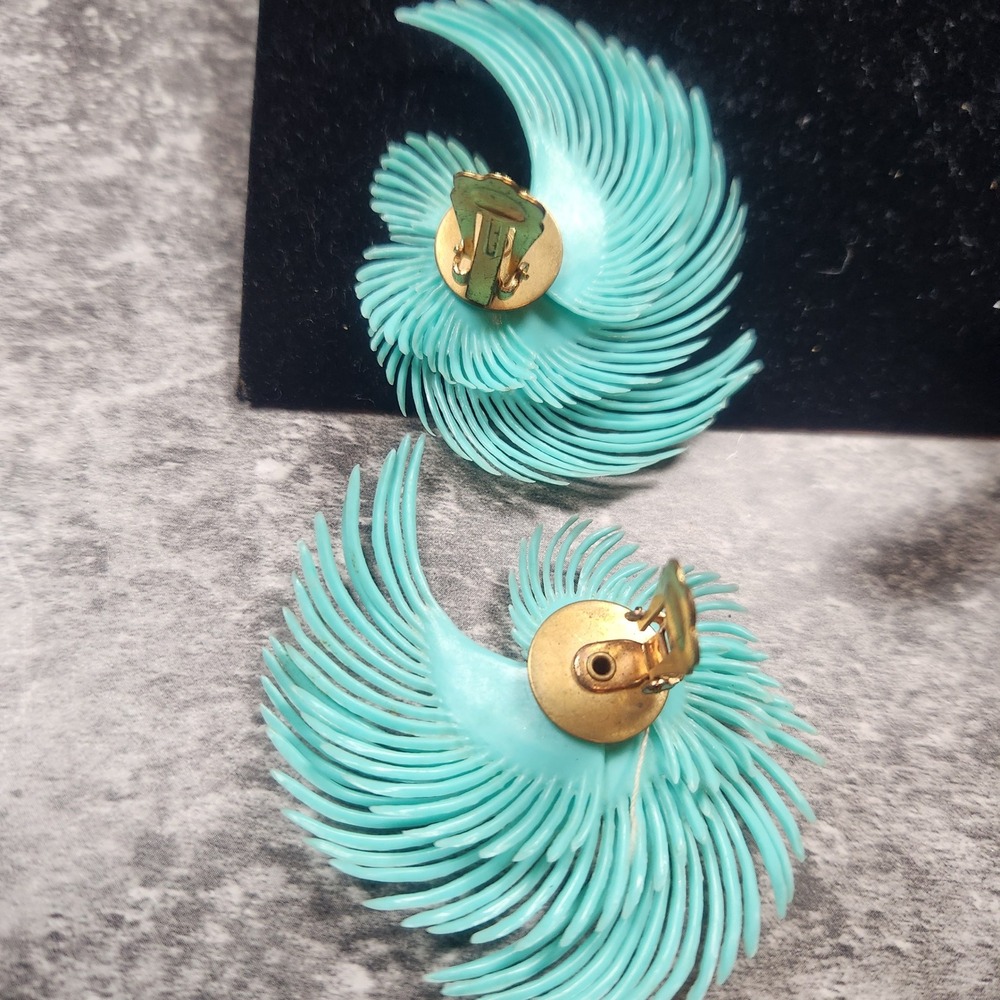 Vintage Turquoise Blue Swirl Rhinestone Statement Clip On Earrings Mid Century - Picture 5 of 11